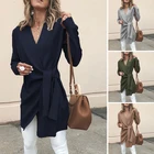 Женское шерстяное пальто в стиле Харадзюку, элегантное однотонное пальто с поясом и V-образным вырезом, Офисная верхняя одежда в винтажном стиле, 2021