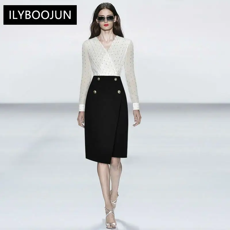 

2021 Fashion Runway Designer Autumn Pencil Dress Women's V-Neck Long Sleeve Slim Office Lady Knee-Length Dress
