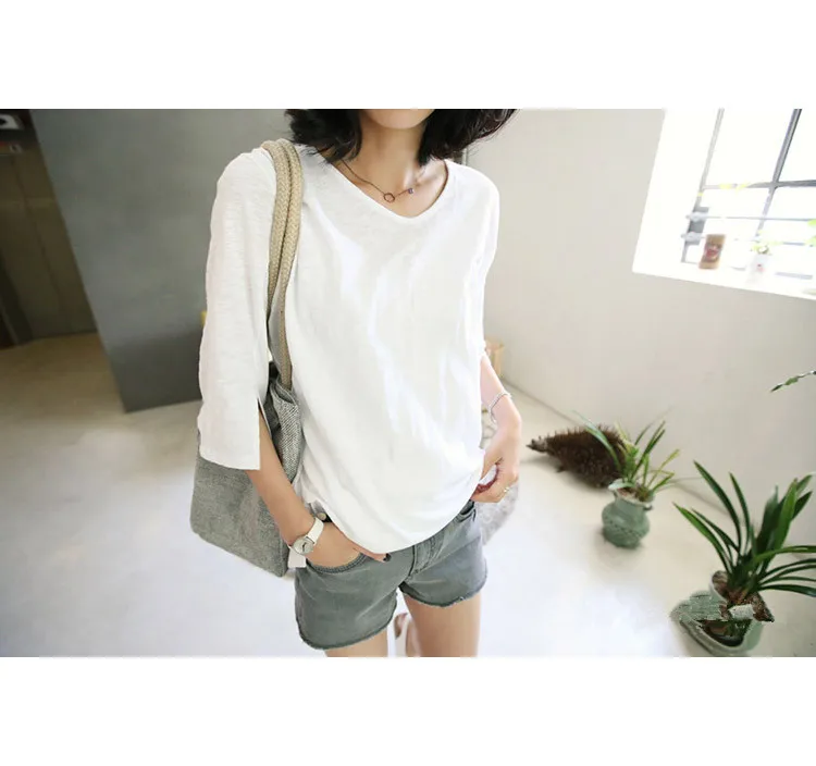 

2020 Summer Autumn New Style White Short Sleeve Mid-Length Slub Cotton Women's T-shirt Long Sleeve Loose Three-Quarter Sleeve