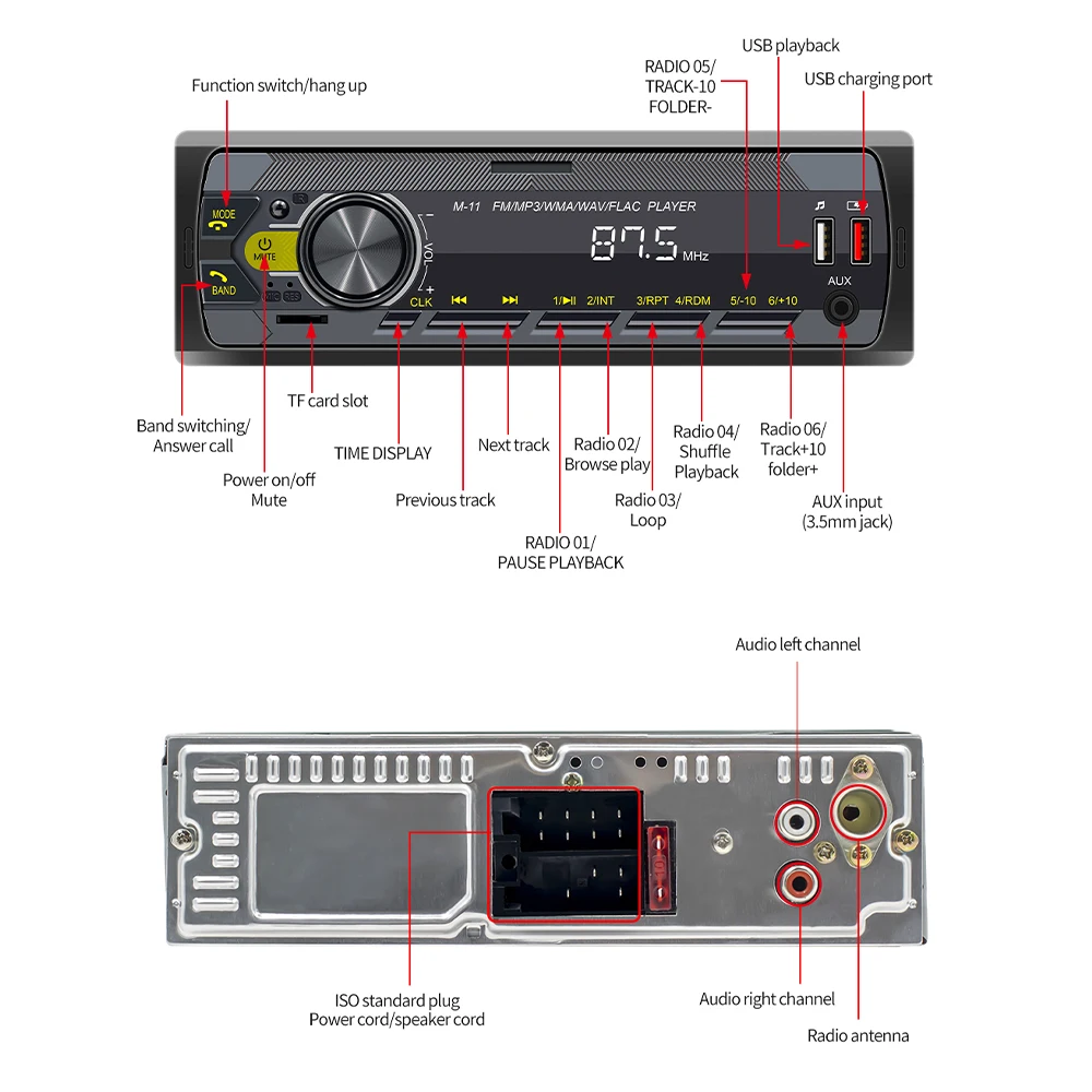 Автомагнитола стерео MP3-плеер 1 DIN автомобильное M11 один Bluetooth AUX вход в приборную
