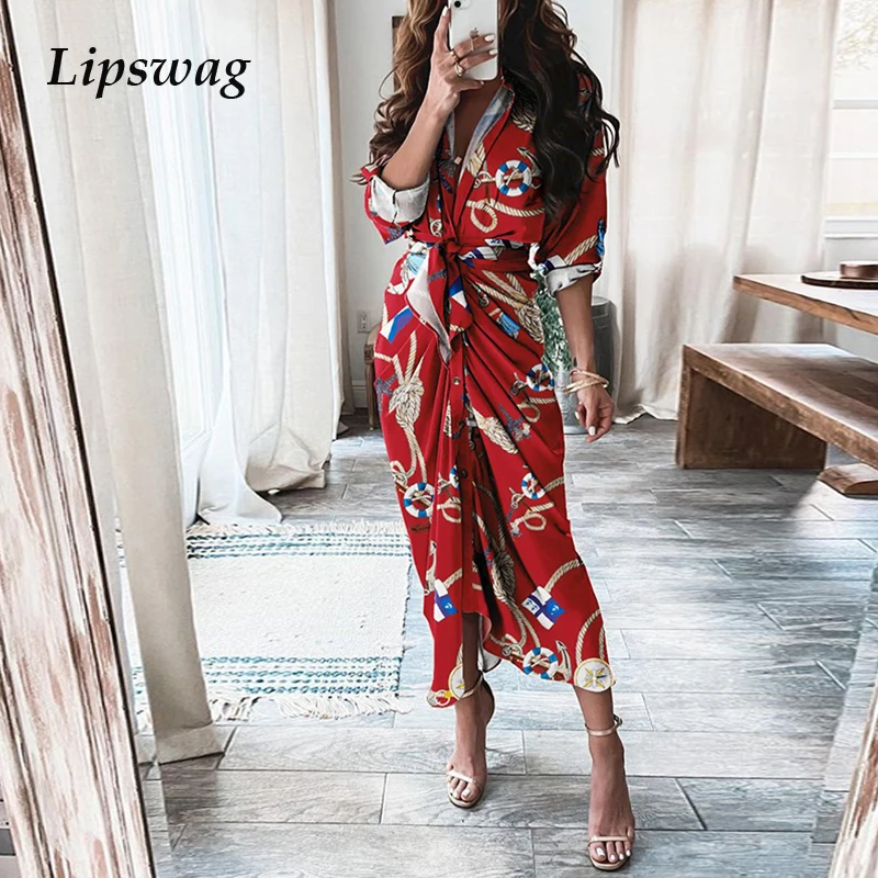 

Женское офисное платье-рубашка на пуговицах, Элегантное Длинное платье с коротким рукавом и разрезом, модное праздничное драпированное пла...