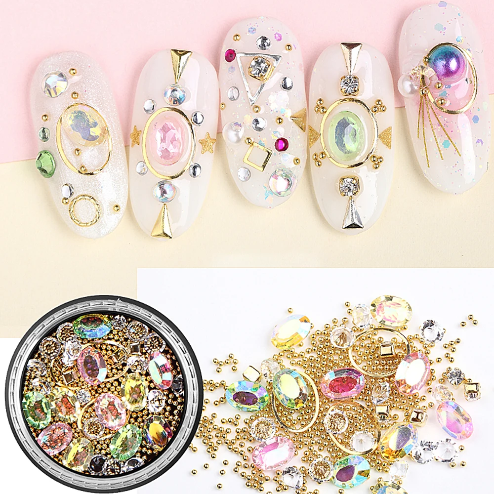 

Mixed 1 Box Crystal AB Colorful Nail Art Rhinestones DIY Metal Frame Steel Ball Nail Stones Gems 3D Nails Decorations