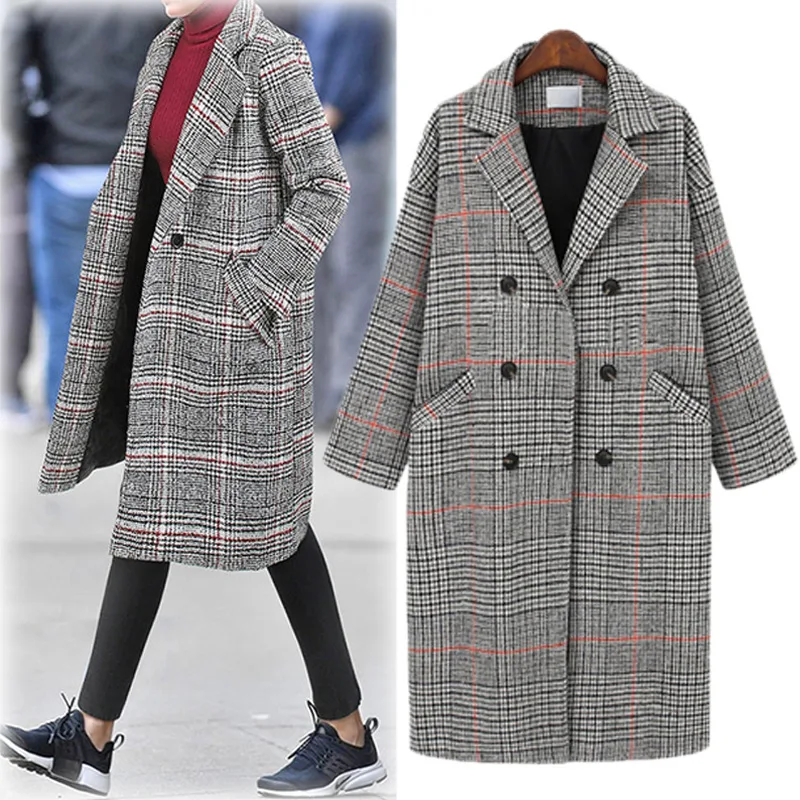 Classic Plaid Женское зимнее однобортное пальто большого размера с карманами, классическое клетчатое длинное пальто большого размера, Повседневная элегантная шерстяная верхняя одежда - Color: Classic Plaid