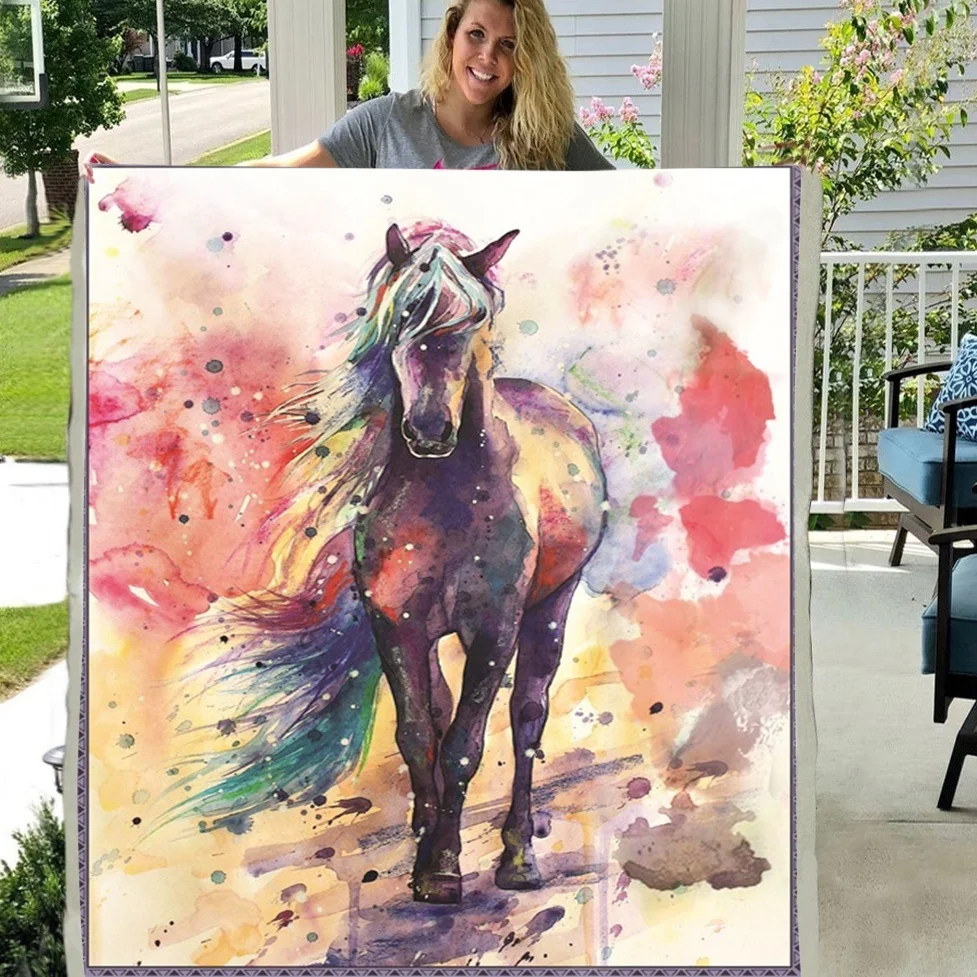 

Watercolor Colorful Horse Painting Soft Throw Plush Sherpa Fleece Blanket