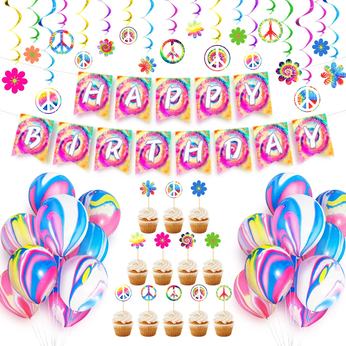 

Tie-dye Theme Birthday Party Decoration Balloon Set with Birthday Banner Cake Topper Hanging Swirls for Kids