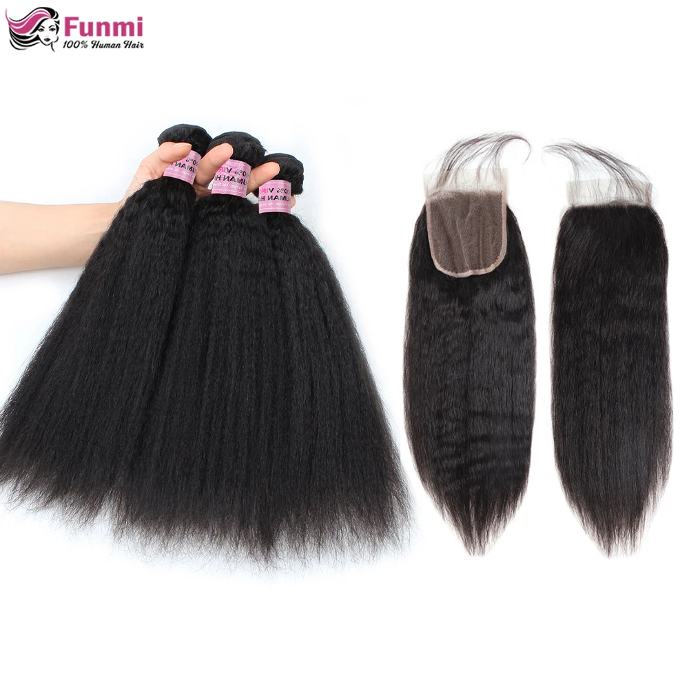 

Funmi Kinky Straight Hair Bundle With 4X4 Closure Brazilian Hair Weave Bundlles Remy Yaki Human Hair Extension For Black Woman