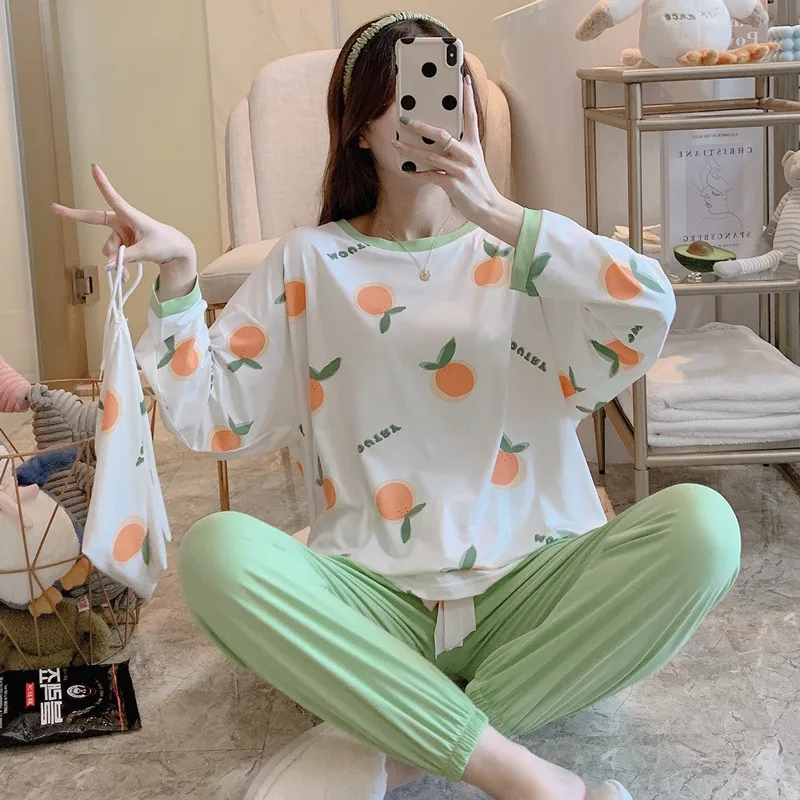 

Cute Cartoon Printed Women's Pajamas Autumn Long Sleeve Pyjama Sweet Casual Loose Pijamas Cloth Bag Sleepwear Loungewear Nighty