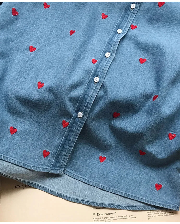 

Red Heart Embroidery Women's Blouse Lady Single-Breasted Fresh Office Wear Long Sleeve 2021 Spring Denim Shirt Top