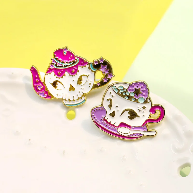 Модный изысканный фиолетовый Скелет кофейная чашка значок Готический чайник