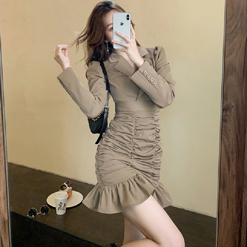 

Однотонное элегантное модное платье с отложным воротником, сказочное Плиссированное мини-платье в Корейском стиле с рукавами и оборками, о...