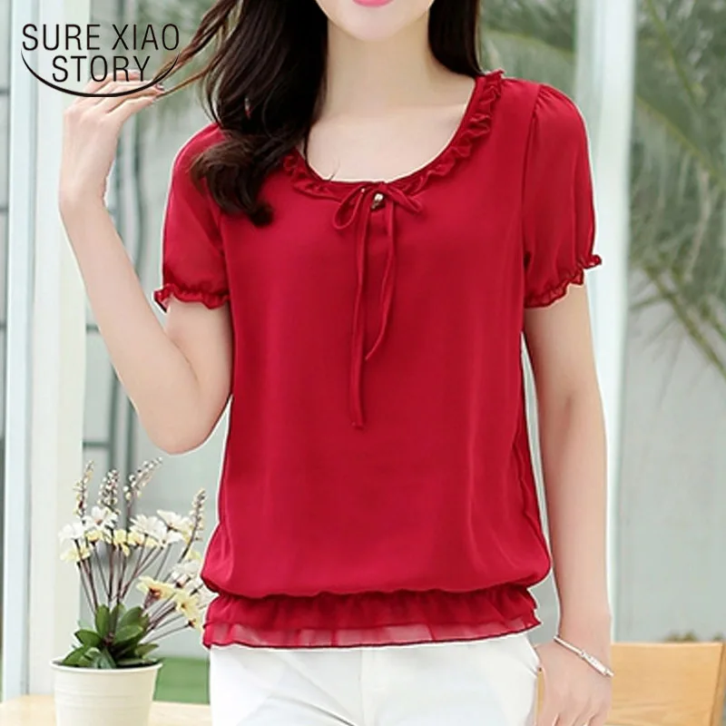 Женская шифоновая блузка с оборками тонкая однотонная Свободная круглым вырезом