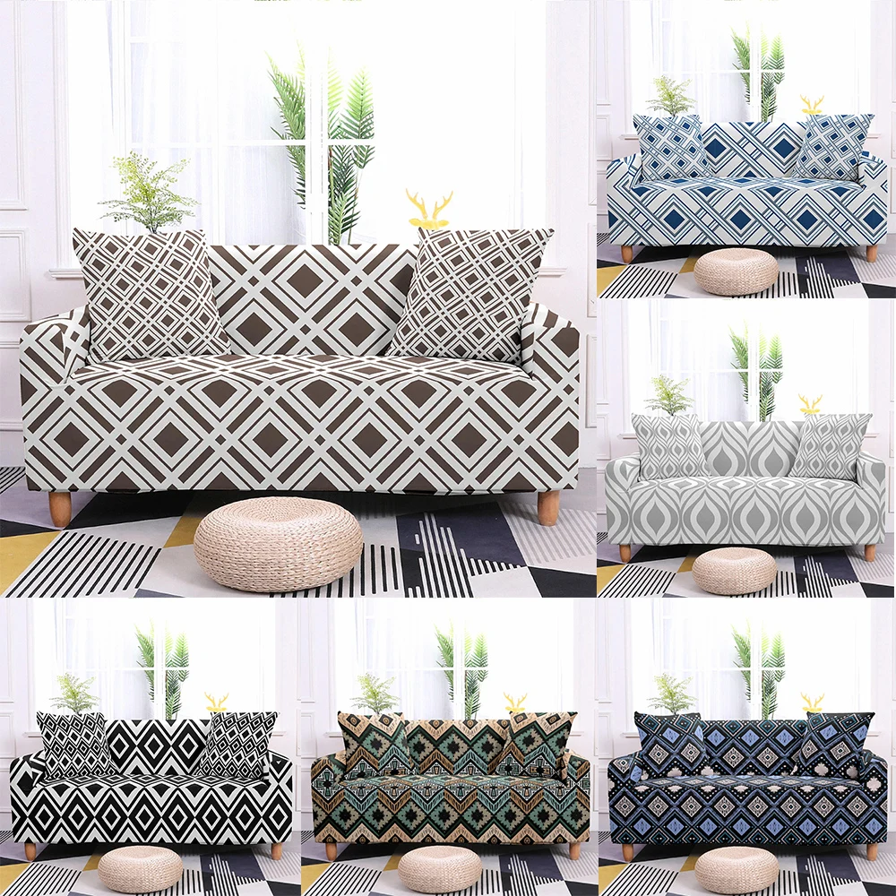 

Retro Geometric Pattern Elastic Sofa Cover for Living Room Modern Sofa Slipcover Protector Single L-shape No-arm Couch Cover