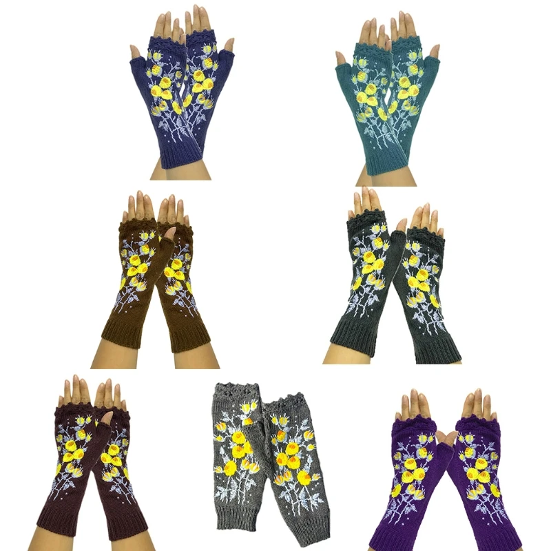 

Women Autumn Knitted Fingerless Gloves Sweet Small Yellow Floral Embroidery Crochet Thumbhole Texting Mittens Arm Warmers