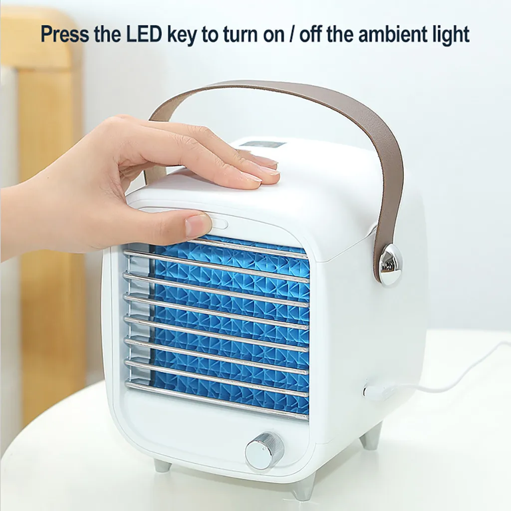barato Condicionador De Ar Portátil Pequeno Usb Desktop Ventilador De Refrigeração Embutido Caixa De Gelo Forte Vento Com Led Night Light Para Casa Escritório Acampamento