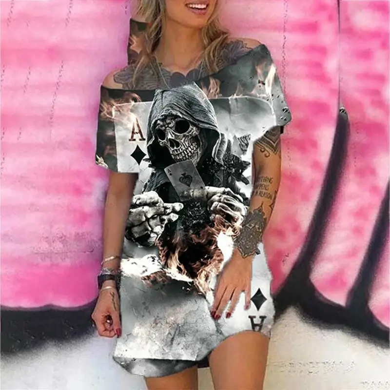 

Summer Women Dress Punk Skull Floral Print Casual Loose Off Shoulder Slash Neck Mini Party Dress Robes Vestidos Mujer Plus Size