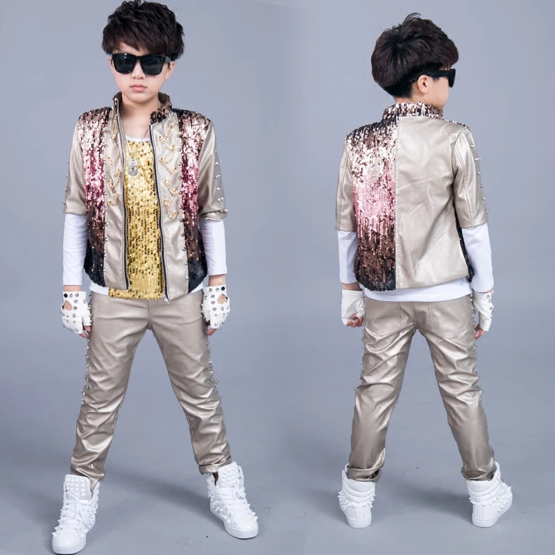 

2021 Jazz Costumes Mid Sleeve Sequin Jacket Boys Street Dance Stage Outfit Kids Hip Hop Clothes Child Drum Performance Wear