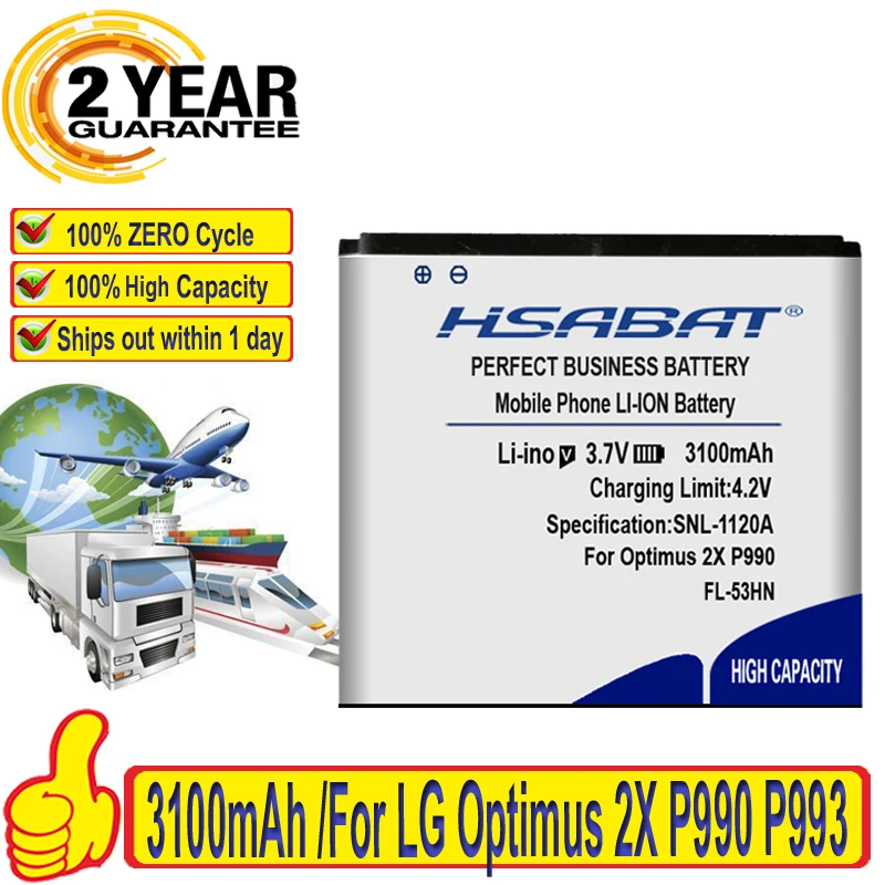 100% Оригинальный аккумулятор HSABAT 3100 мАч для телефона LG Optimus 2X P990 P993 P920 P999