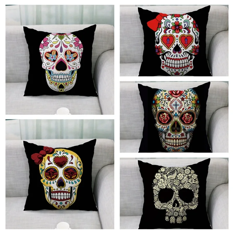 Morden 45x45cm Halloween Sugar Skull Cushion Cover Mexican Skeleton Home Decorative Pillow Case Sofa Throw Pillow Cover