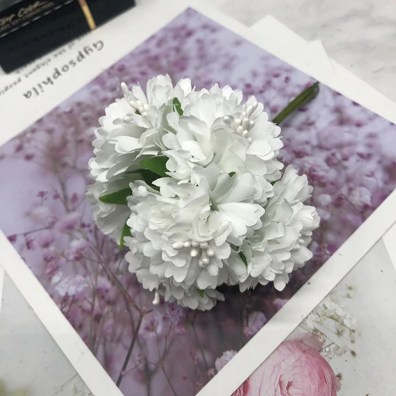 white HINDJEF 6 шт./4 см искусственная мини бутоньерка с тычинками Свадебные украшения дома DIY ВЕНОК подарок boxcollage Украшение Моделирование цветок - Цвет: white