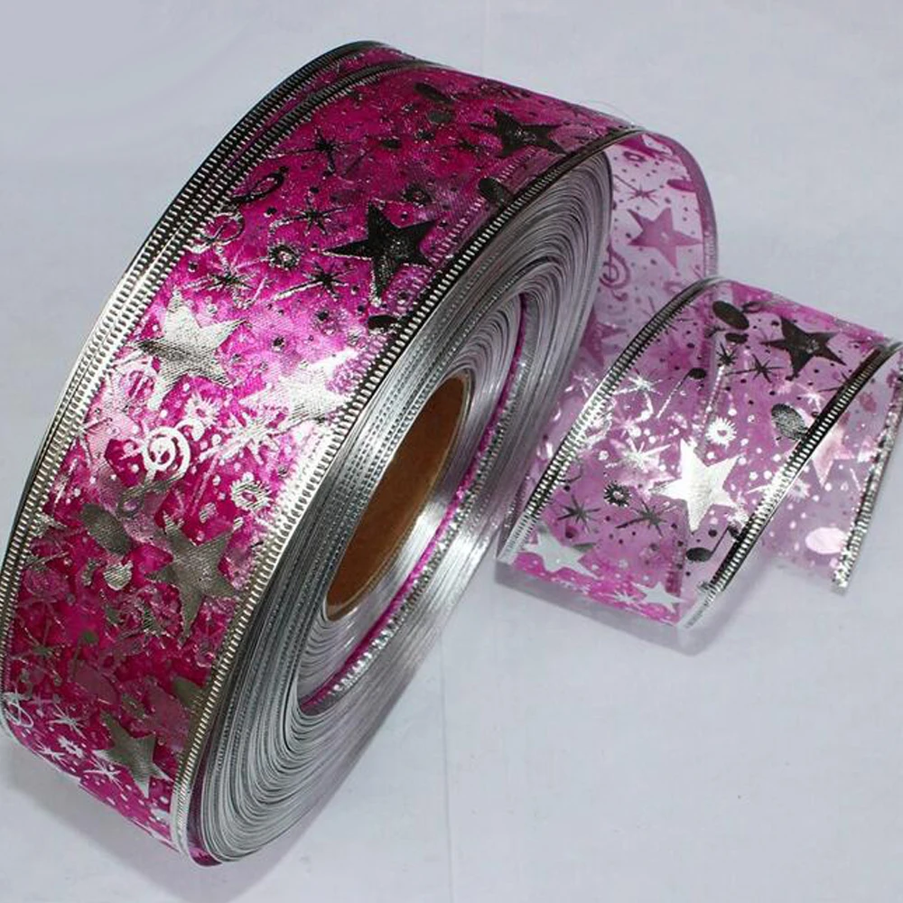 

2 Yards/lot 50mm Christmas Decoration Organza Ribbon Bling Star Printed Ribbons For Wedding Decor DIY Sewing Fabric