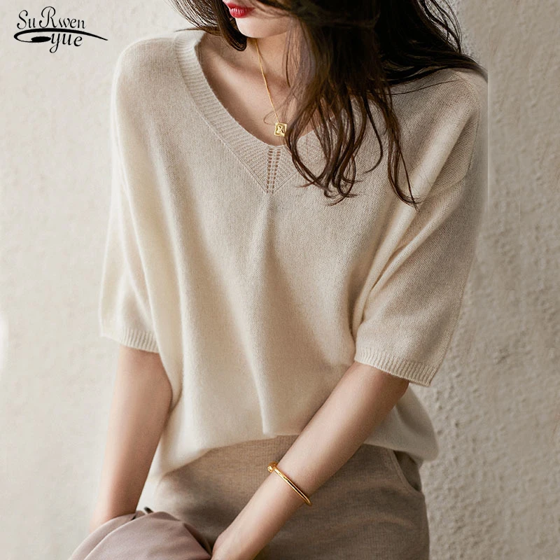 

Fashion Short Sleeve Deep V Sweater Cashmere Shirts Spring Women's Blouse 2022 Summer New Office Top Female Blusas Mujer 13888