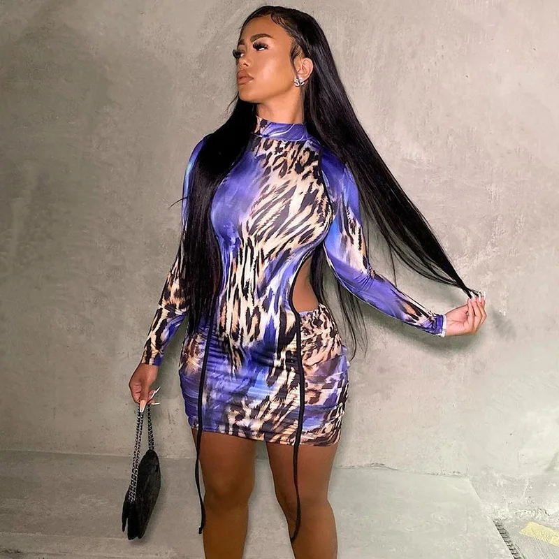 

Leopard Print Sexy Mini Dress Women O Neck Long Sleeve Ladies Clothing Party Culbwear Hollow Out Lady Wear Purple Skirt Ribbons