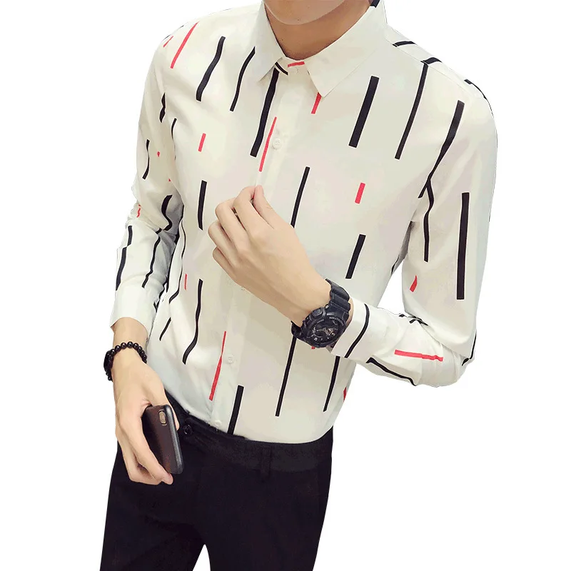 Полоса печати Для мужчин Модная рубашка с длинным рукавом Slim Fit деловая