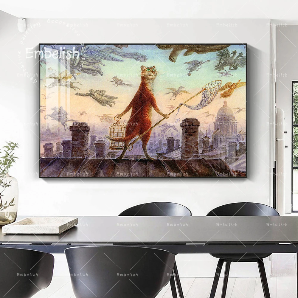 

1 Pieces Cartoon Cat Fishing Modern Artworks For Living Room Wall Art Posters HD Spray On Canvas Paintings Home Decor Pictures