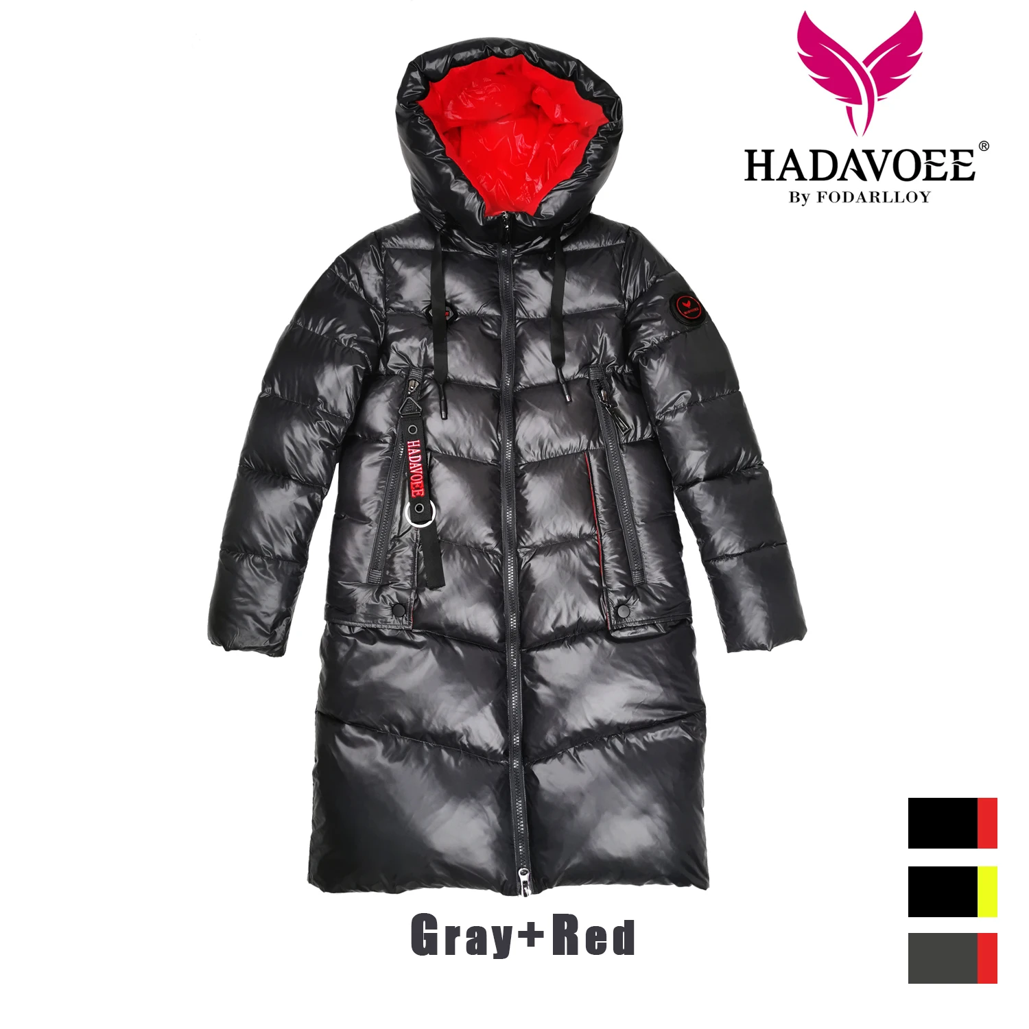 Gray red Новинка, зимнее женское плотное пальто, женская зимняя куртка, высокое качество, модное длинное теплое пальто с капюшоном, защищающее от ветра и холода - Цвет: Gray red