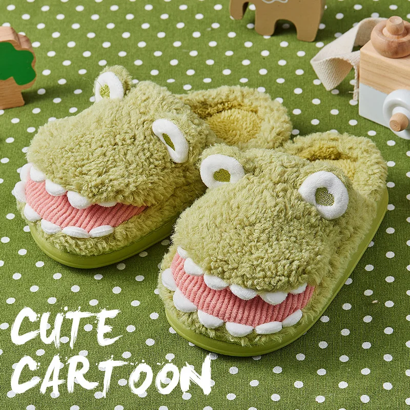 

Winter Women's Fluffy Fur Slippers Cute Dinosaur Cartoon Plush Slippers Bedroom Non-slip Warm Flat Slipper Indoor Couple Slipper