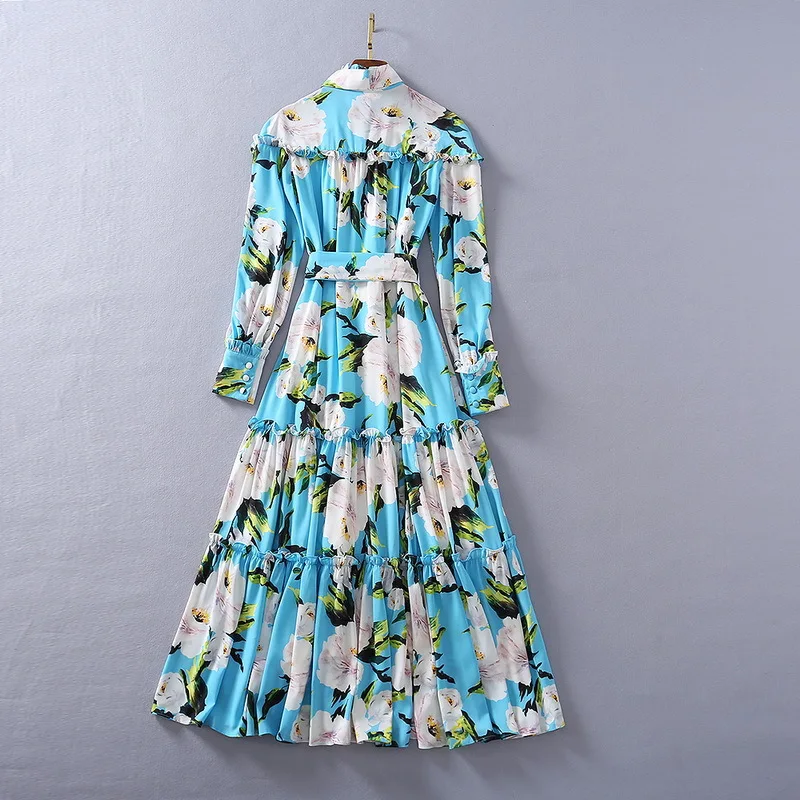 

European and American women's clothing 2021 The new spring Long - sleeved bow collar flower print pleated fashion dress