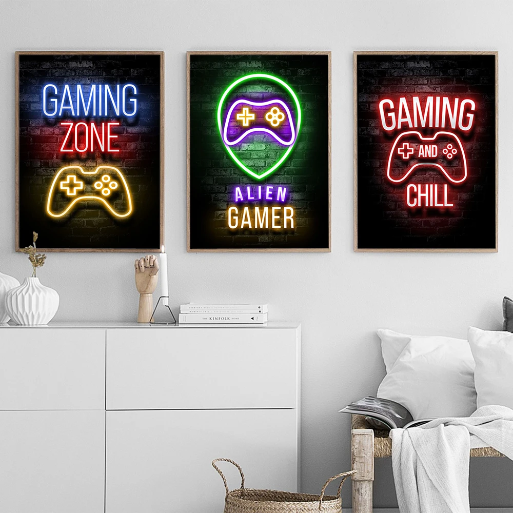 Неоновый геймпад иллюстрация плеер цитата печать плакатов настенная
