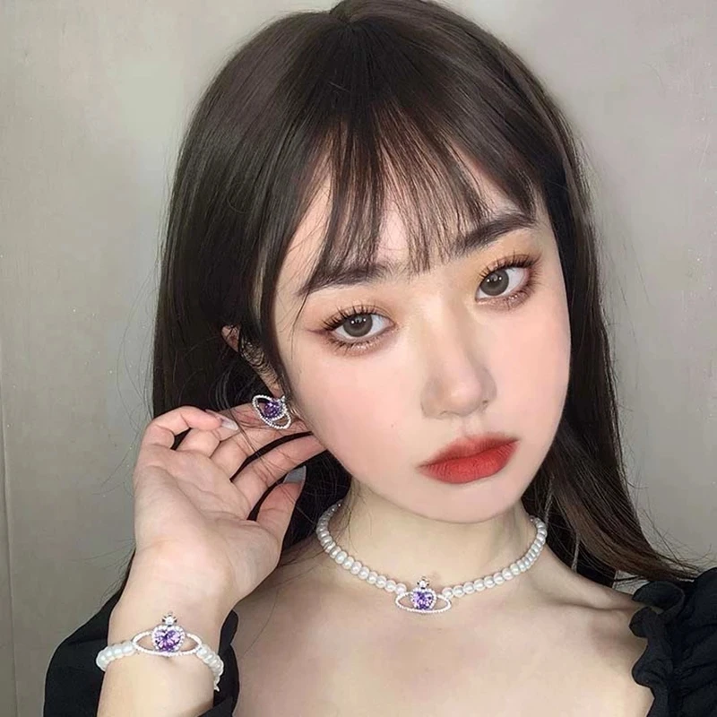 

Korean Fashion Purple Heart Crystal Cute Stud Earrings For Women Elegant Planet Rhinestone Boucle D'oreille Jewelry Gifts Suits