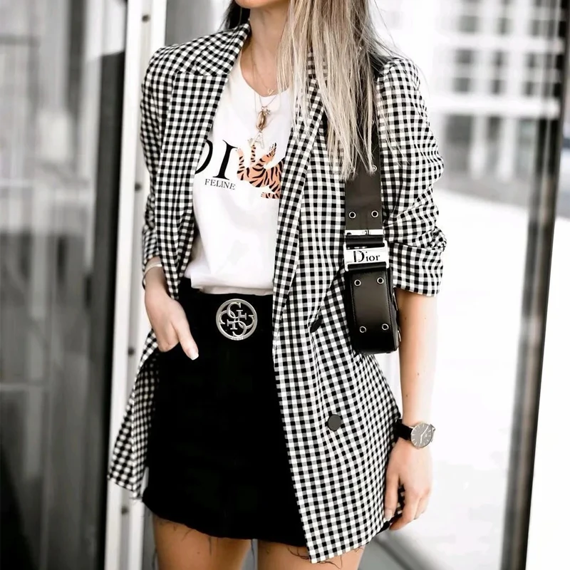 

Vintage Double Breasted Pockets Long Blazer Suit Women Autumn Elegant Full Sleeve Notched Slim Jacket Coat Lady Casual Outerwear