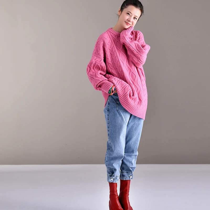 pink M9610 художественный и свежий многоцветный свитер с высоким воротником, свободный и толстый переплетенный с розочками - Цвет: pink