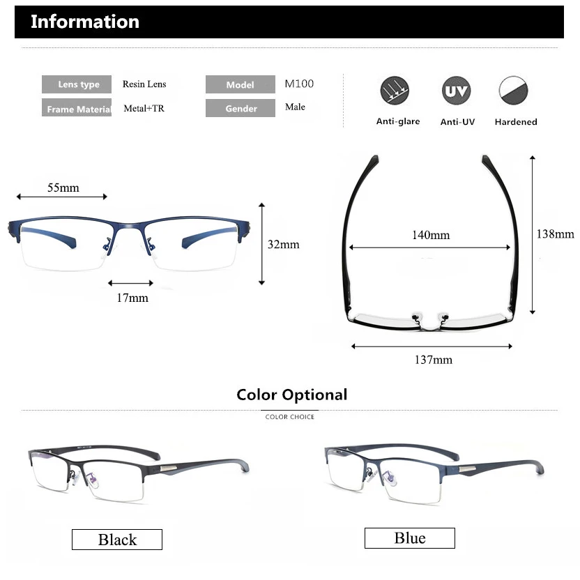 

Business Style MEN Titanium Alloy Myopia Glasses ,Male Half Frame Business Resin Lenses Eyeglasses For Prescription M100
