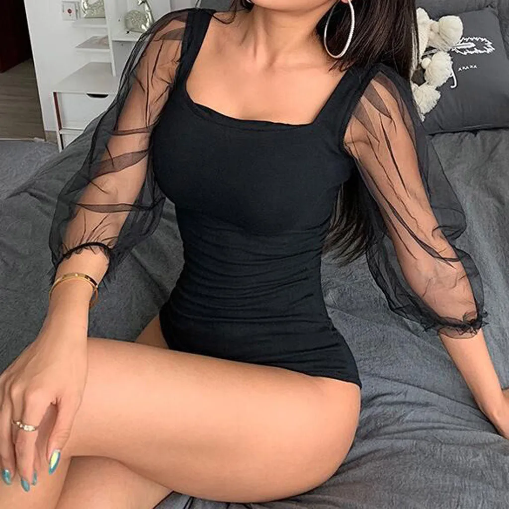 

2020 Women Sexy Bodysuit Solid Square Collar Mesh Long Sleeved Jumpsuit Body Top Mujer Skinny Bodycon Bodysuits Slim Body Suit