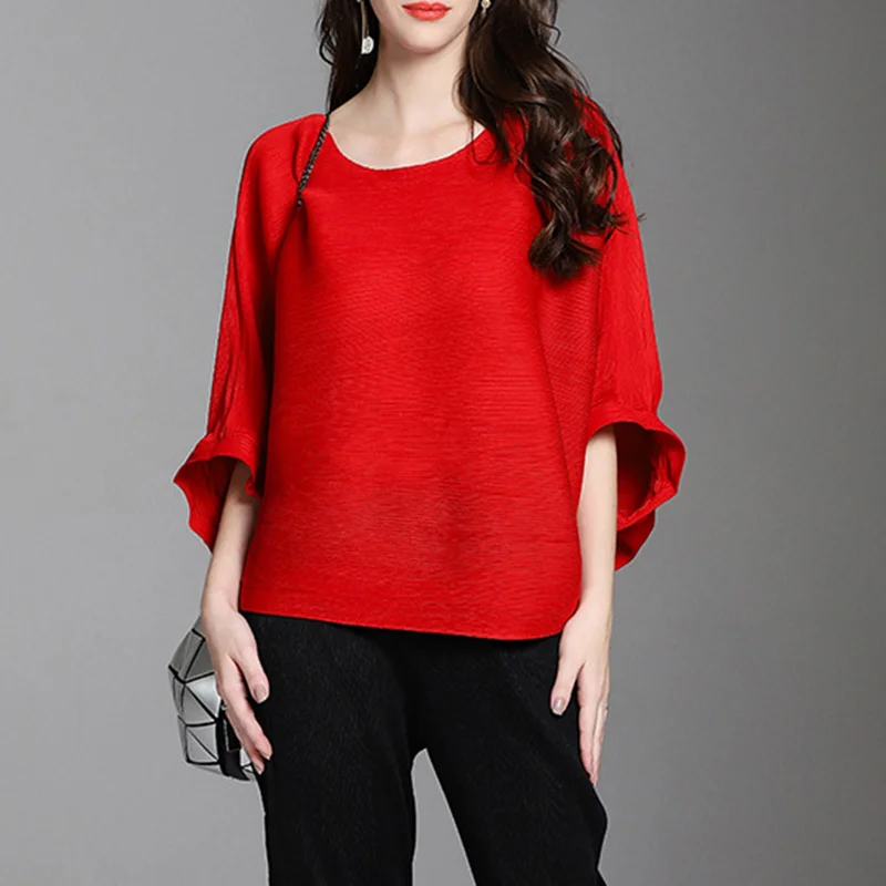 

CHICEVER Casual Ruched T Shirt For Women O Neck Batwing Three Quarter Sleeve Loose Elastic T Shirts Female 2021 Spring Clothing