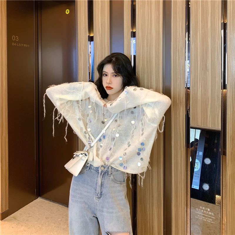 Fashion Knitting Sequins Women Mohair Sweater Tops 2019 Newest Autumn Womans Runway Pullovers Tassel Loose Short Sweaters | Женская