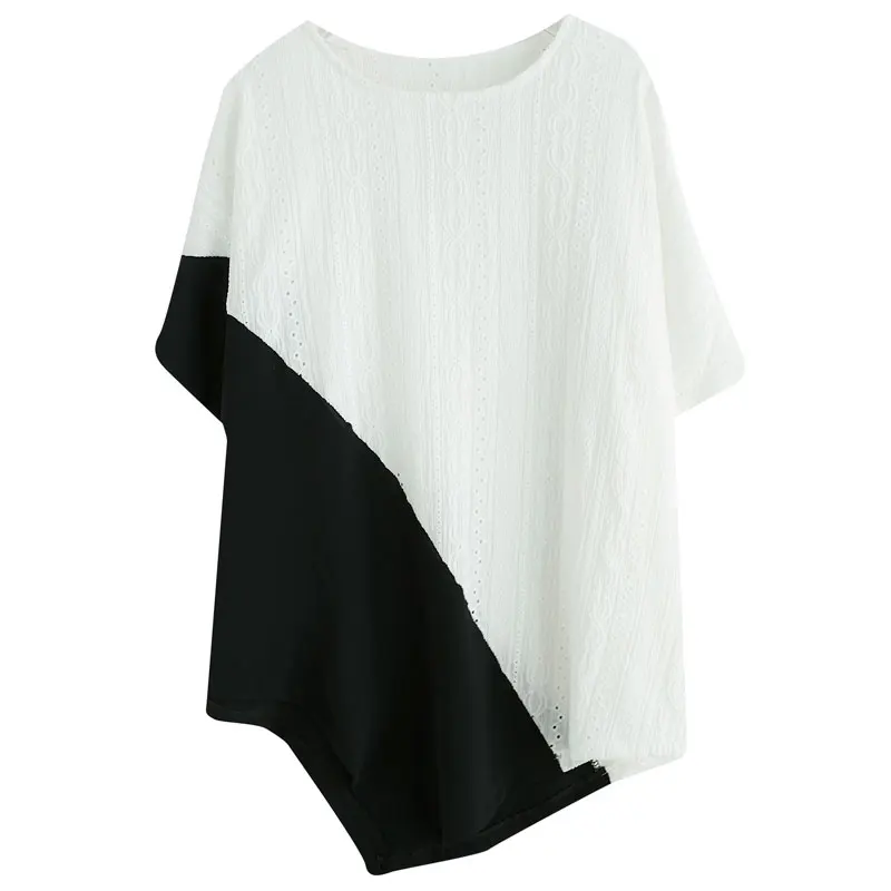 

BIG SIZE Summer Women Fashion Color Block Batwing Sleeve Tops Tee Lady Female Plus Large Cotton Chiffon Irregular Loose T shirt