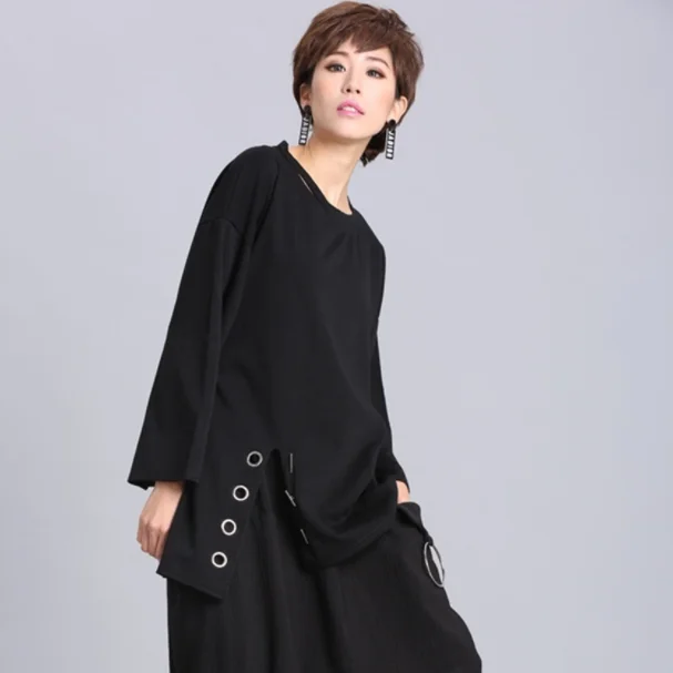 Черная женская футболка с разрезом и кольцом большие размеры одежда новинка 2020