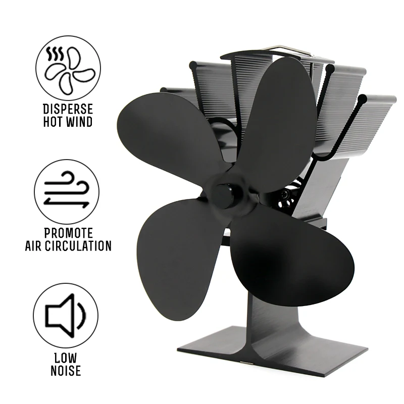 

Black 4 Blade Fireplace Heat Powered Stove Fan komin Log Wood Burner Eco Friendly Quiet Fan Home Efficient Heat Distribution