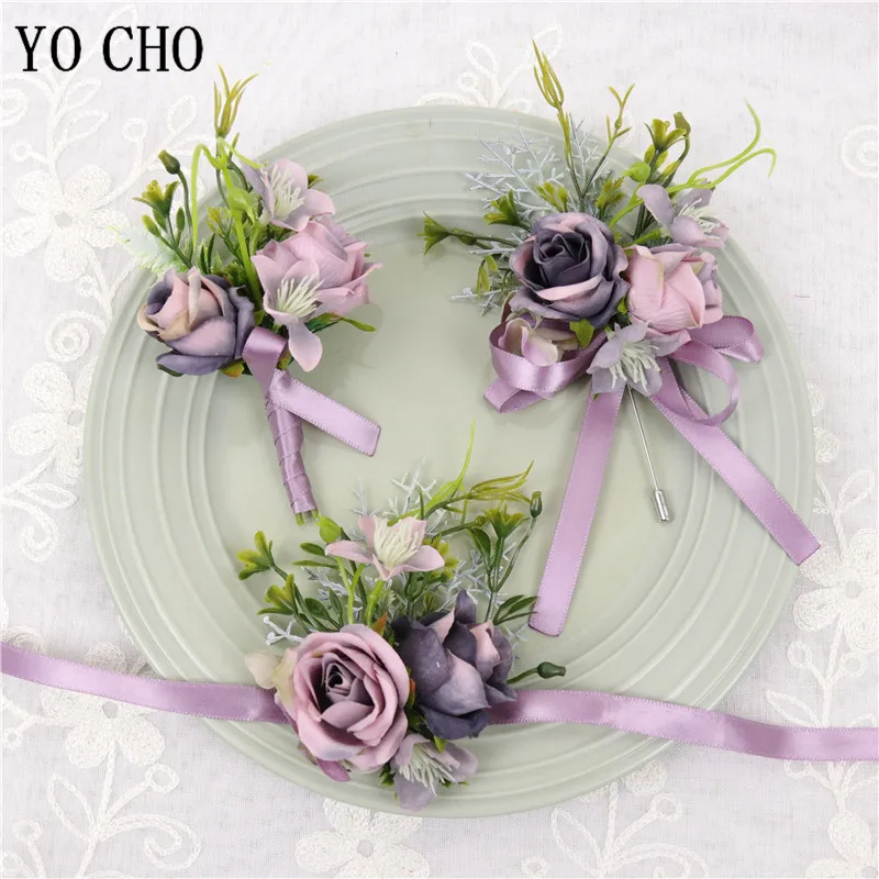 

YO CHO Silk Rose Wedding Corsages and Bridal Brooches Groom Boutonniere Buttonhole Man Wedding Marriage Corsage Bracelet Flowers