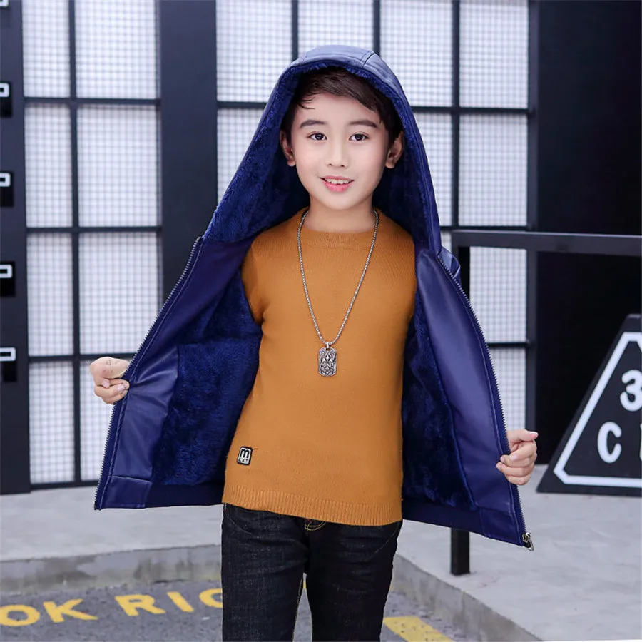 От 3 до 14 лет пальто для мальчиков Теплые Куртки из искусственной кожи с вельветом