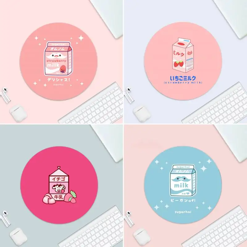 

Kawaii Pink Japanese Strawberry Milk Laptop Mice Mousepad Small Rubber Desk Table Protect Game Office Work Round Mouse Mat Pad