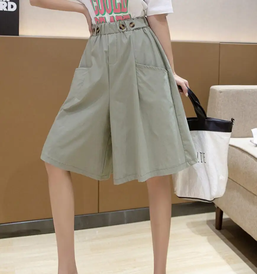 

Big Pocket Wide Leg Pant Women Button Elastic High Waist Loose Pants Skirts Knee Length Fashion Casual Female Capri Pants f83