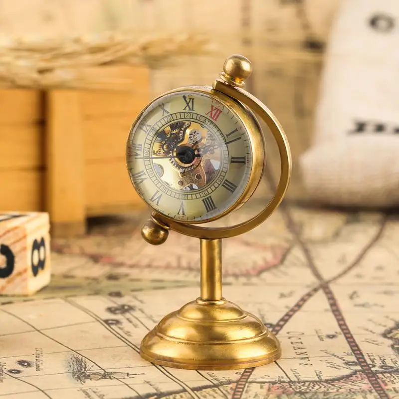 

Retro Golden Spinning Globe Desk Mechanical Pocket Watch Hand Winding Movement Home Office Luxury Decoration Collectable Clock