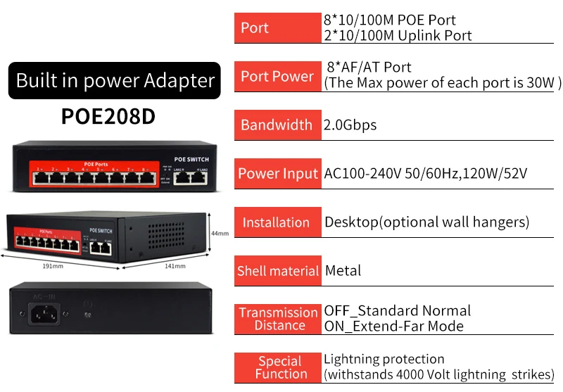 10 портов стандартная сетевая система 8 + 2 PoE переключатель питания через Ethernet