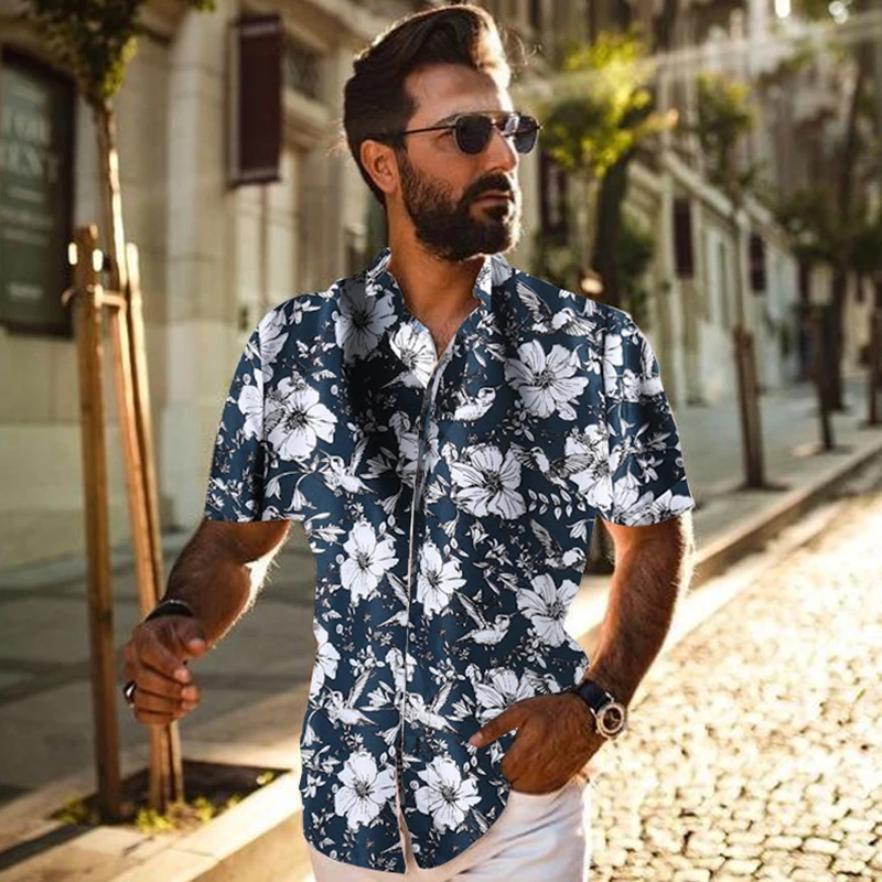 

90s Vintage Print Men Lapel Shirts New Casual 2021 Summer Loose Short Sleeve Button Shirt Tops Mens Clothing Fashion Streetwear
