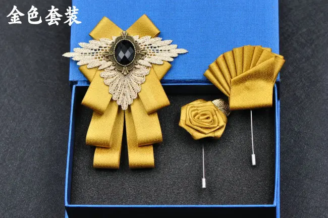 3pcs Bow Tie Set Элегантный мужской и женский деловой Галстук Свадебная вечеринка сплав броши галстук-бабочка Набор Полосатый носовой платок Карманный квадратный ленточка с бантиками - Цвет: 3pcs Bow Tie Set